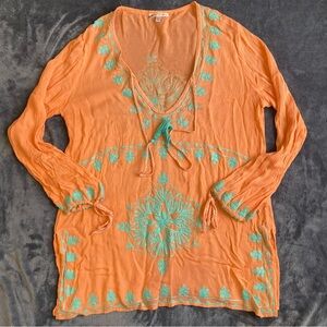 Rise & Bloom Embroidered Tunic Top Swim Cover Up Coral V-Neck Long Sleeve Medium